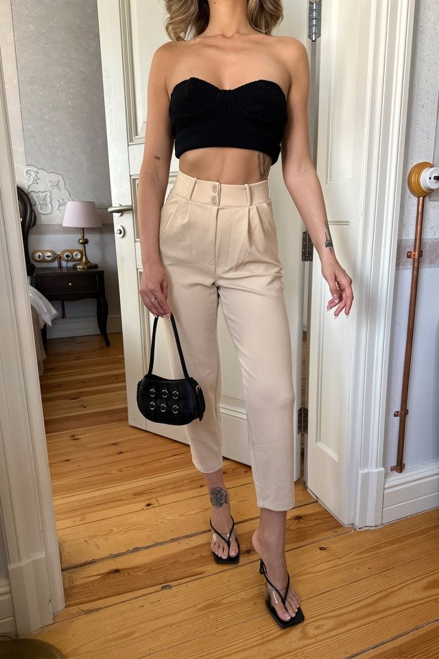 Cream High Waist Mom Pants ATE6290 - 2