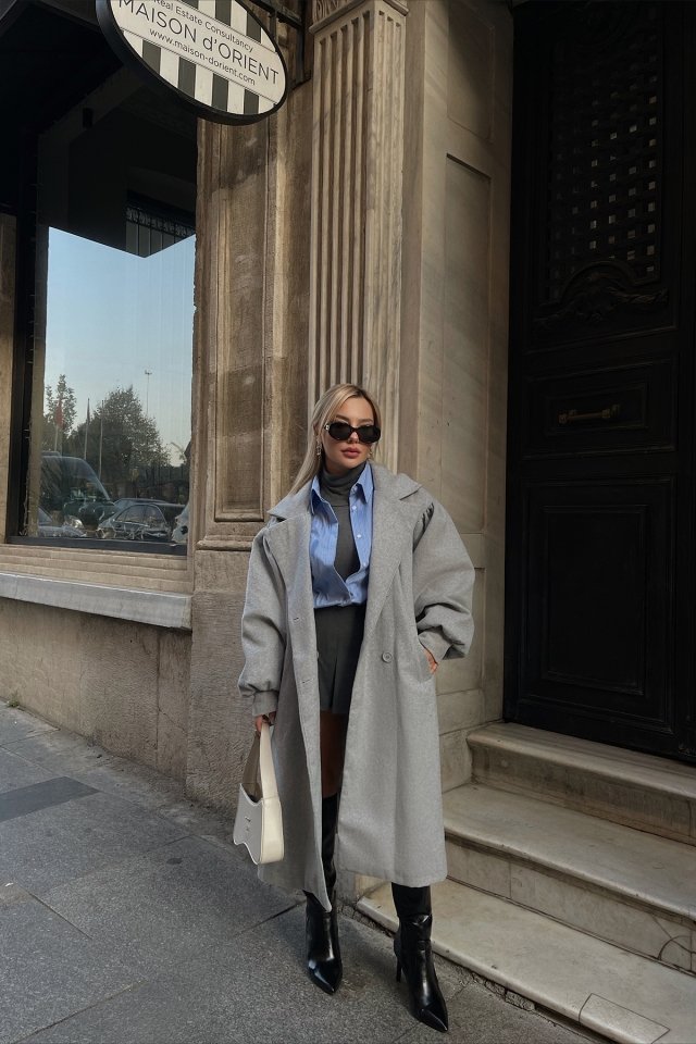 Gray Oversize Double Breasted Collar Coat ATE2367 