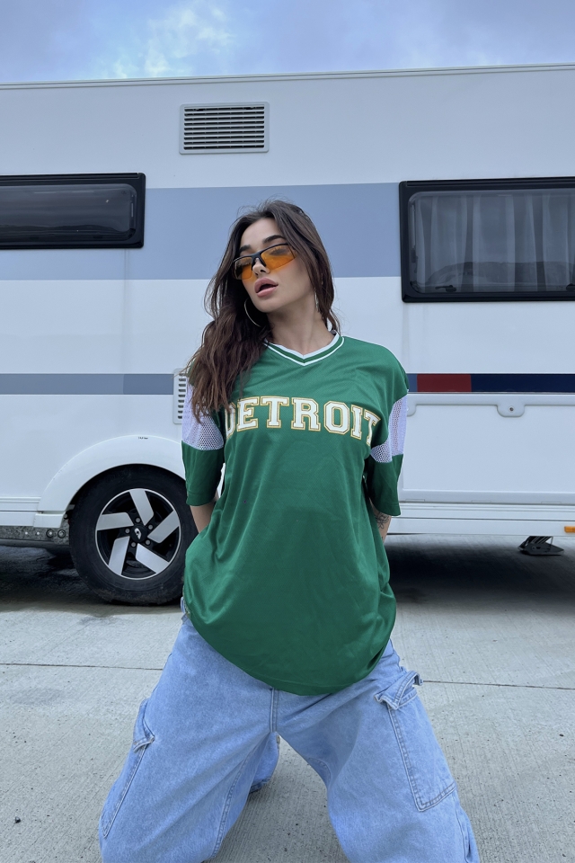 Green Detroit Written Oversize Tshirt ATE6680 - 1