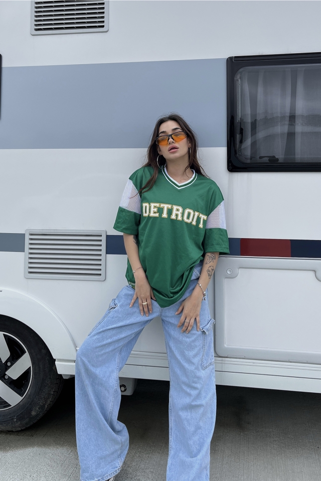 Green Detroit Written Oversize Tshirt ATE6680 - 5