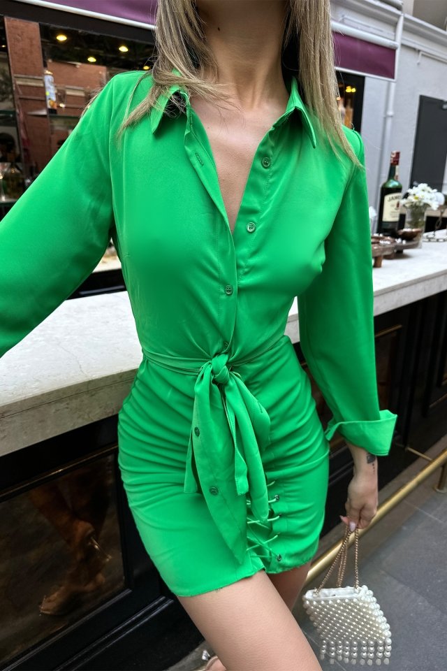 Green Shirt Collar Laced Mini Dress ATE5294 - 2