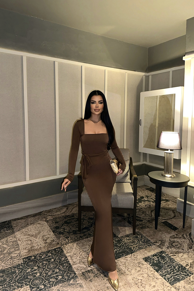 Kahverengi Amy Bağlamalı Elbise ATE-0687 