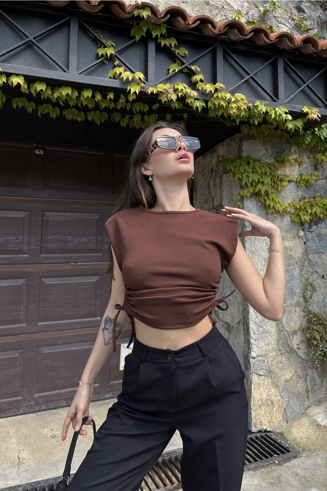 Kahverengi Bağlamalı Crop Top ATE6524 - 1