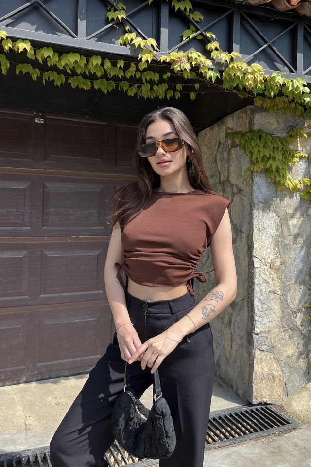 Kahverengi Bağlamalı Crop Top ATE6524 - 3