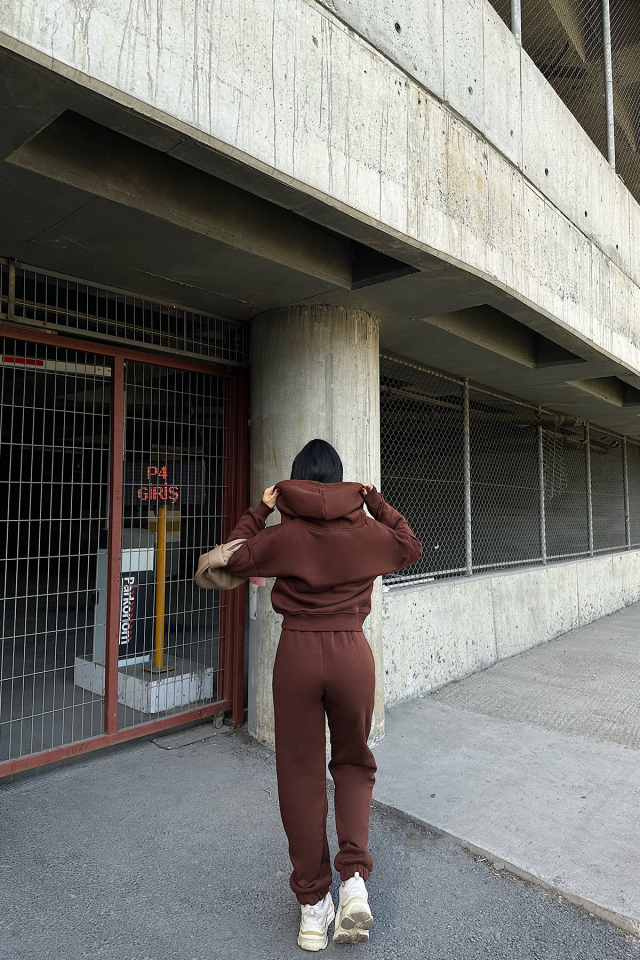 Kahverengi Fermuar Detay Pantolonlu Takım ATE-0791 - 5