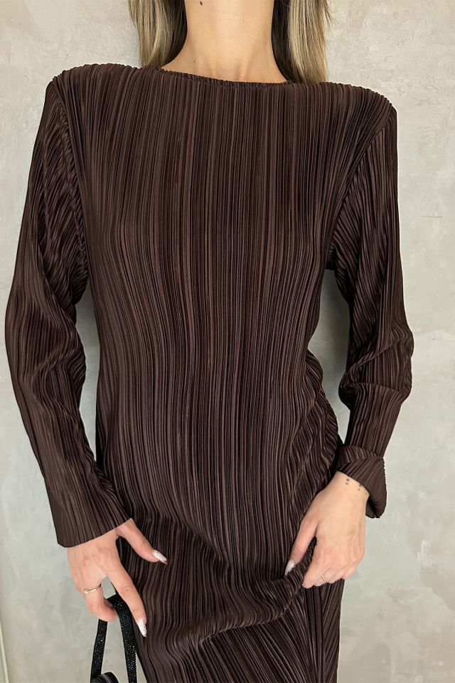 Kahverengi Fitilli Uzun Elbise ATE5215 - 2