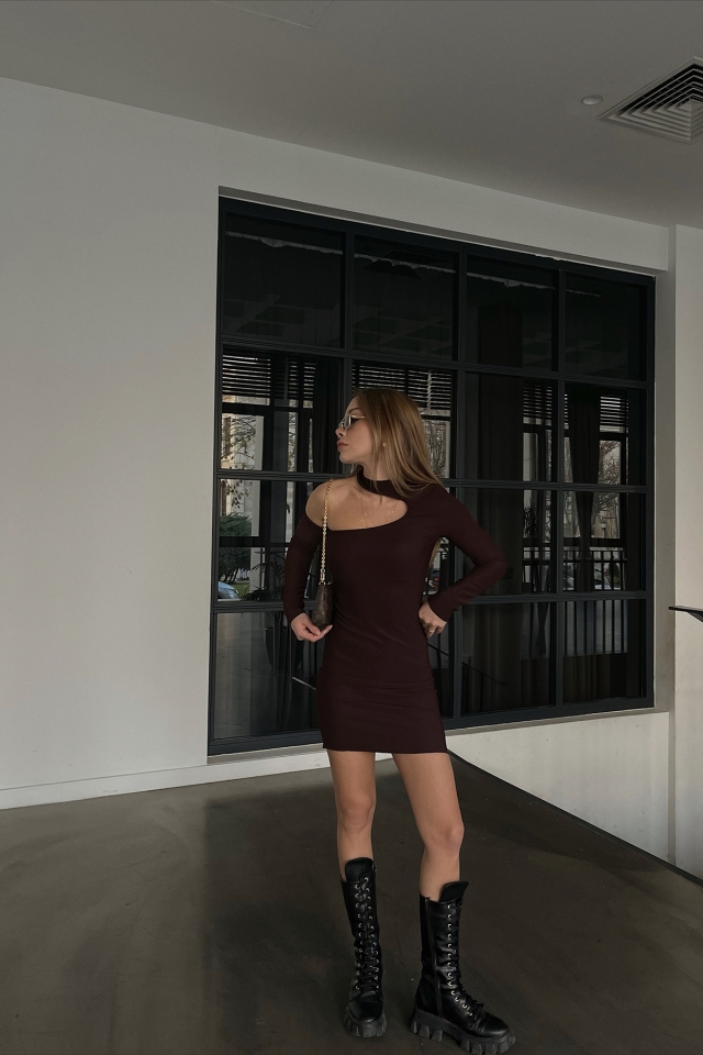 Kahverengi Pencere Detay Fitilli Mini Elbise ATE3311 - 3