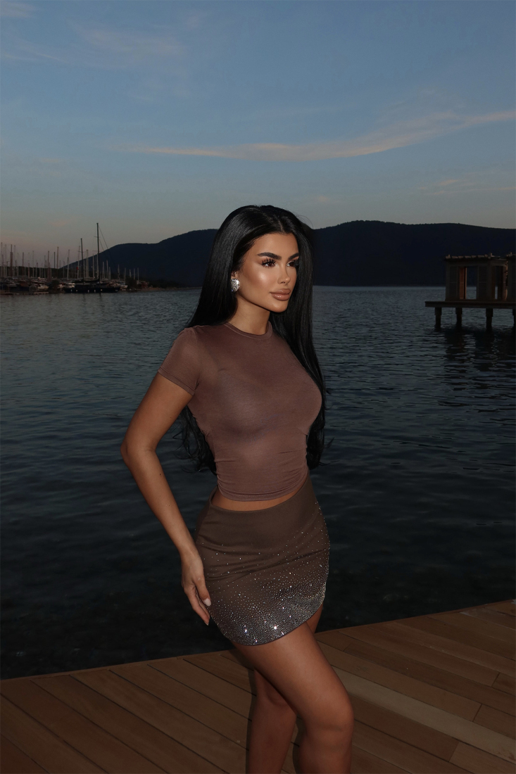 Kahverengi Sisu Mini Taşlı Etek ATE-2595 - EYYO