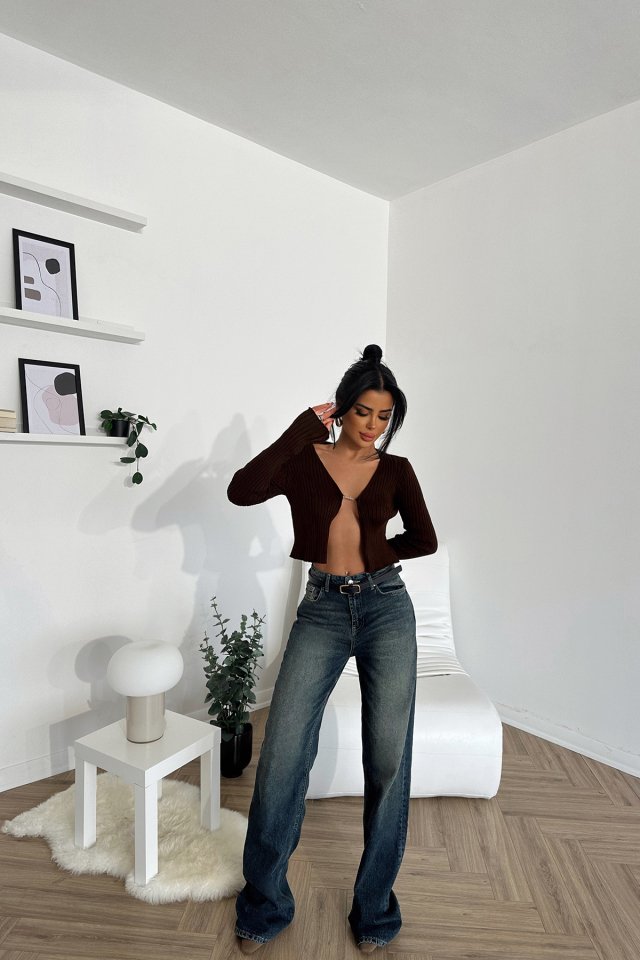 Kahverengi Uzun Kol Crop Top ATE-0826 - 3