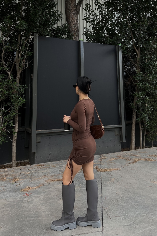 Kahverengi Yandan Bağlamalı Mini Elbise ATE3091 - 3