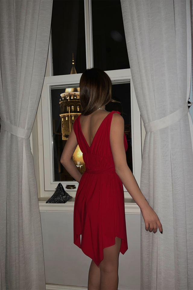 Kırmızı Askılı Mini Elbise ATE3642 - 3