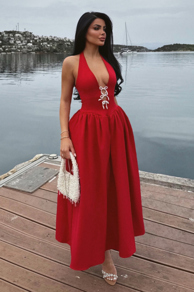 Kırmızı Ballerina İncili Fiyonk Detay Elbise ATE-2556