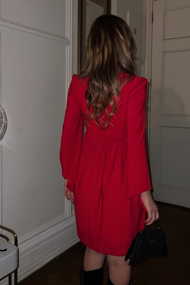 Kırmızı Bel Büzgülü Mini Elbise ATE3023 - 3