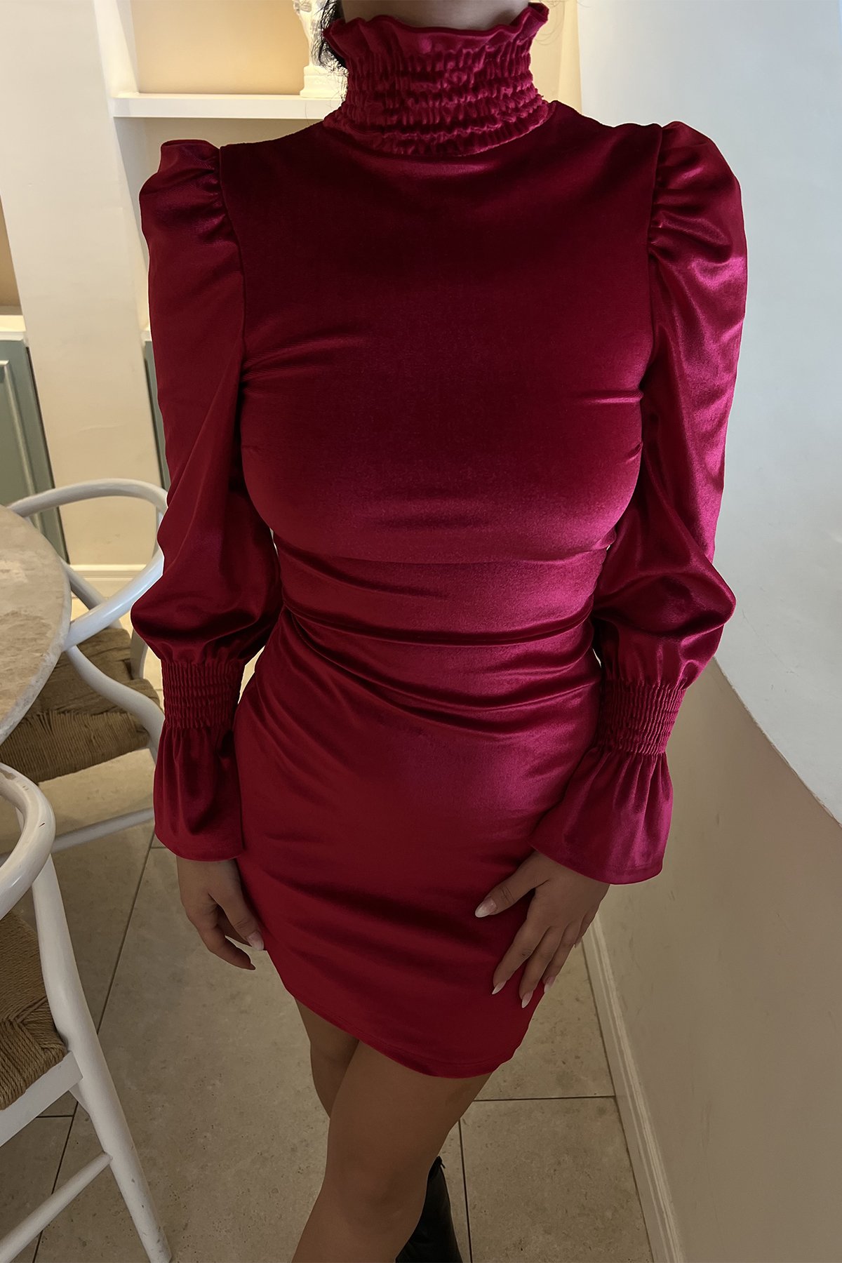 Kırmızı Boğazlı Mini Elbise ATE2874 - 2