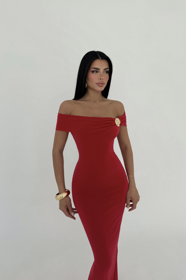 Kırmızı Seridie Deniz Kabuğu Detaylı Uzun Elbise ATE-2562 - 4