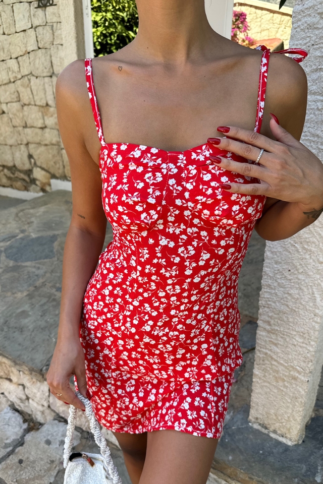 Kırmızı Çiçekli Mini Elbise ATE7783 - 2