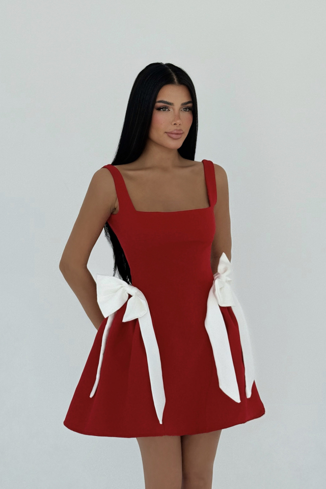 Kırmızı Nellie Fiyonk Detaylı Mini Elbise ATE-2719