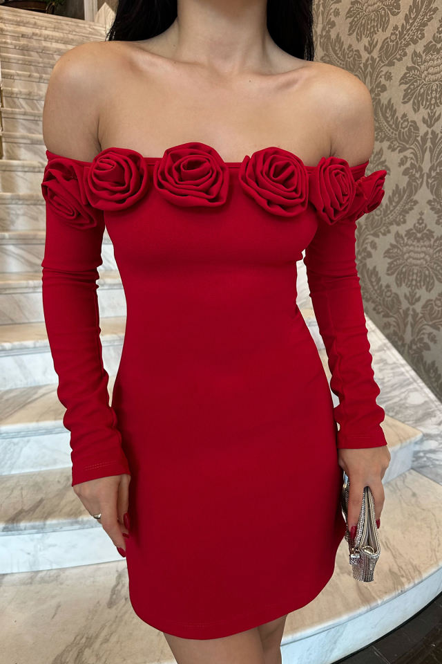 Rose Kırmızı Güllü Mini Elbise ATE-0839 - 2