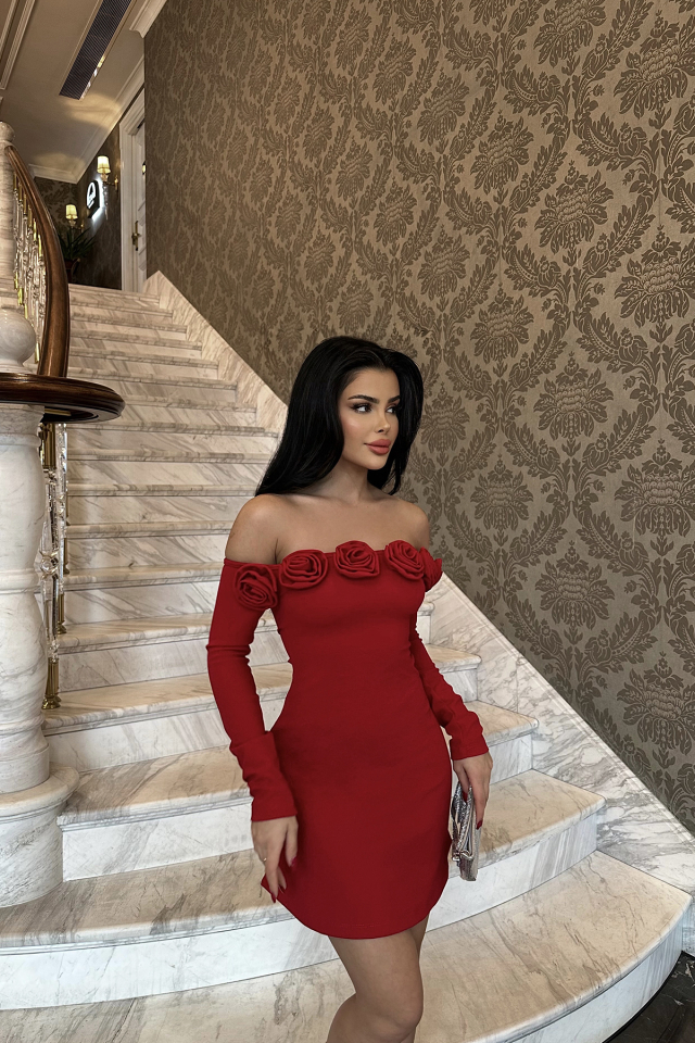 Rose Kırmızı Güllü Mini Elbise ATE-0839 