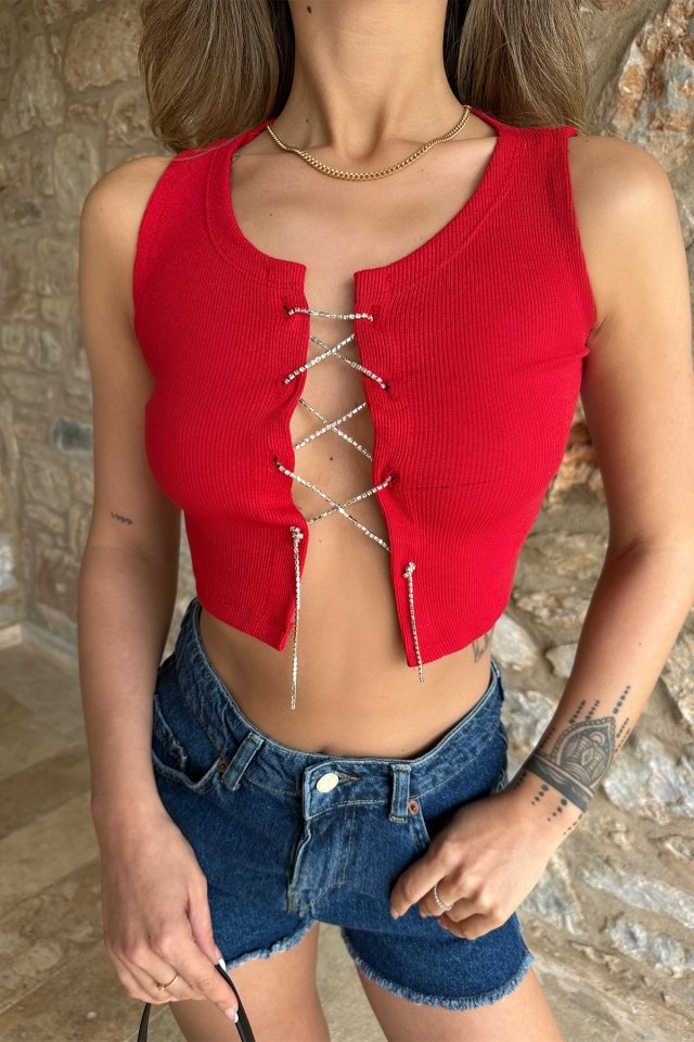 Kırmızı Önü Taşlı Crop Top ATE6419 - 2