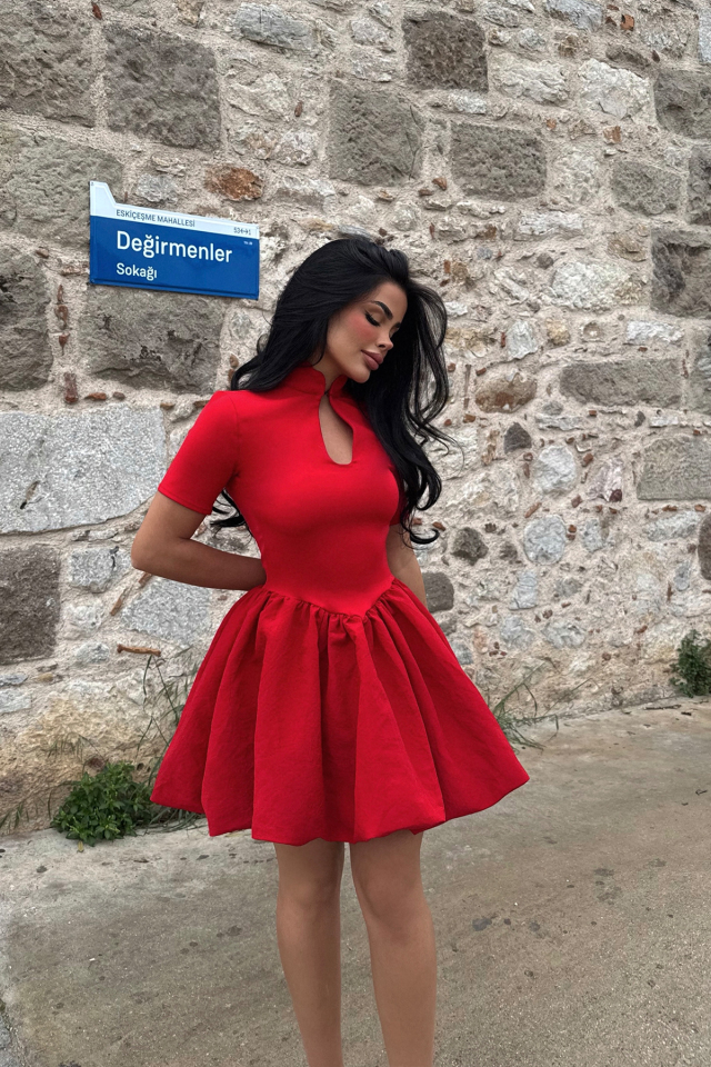 Kırmızı Pencere Detay Mini Elbise ATE-2310 - 2