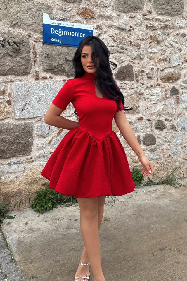 Kırmızı Pencere Detay Mini Elbise ATE-2310 - 3