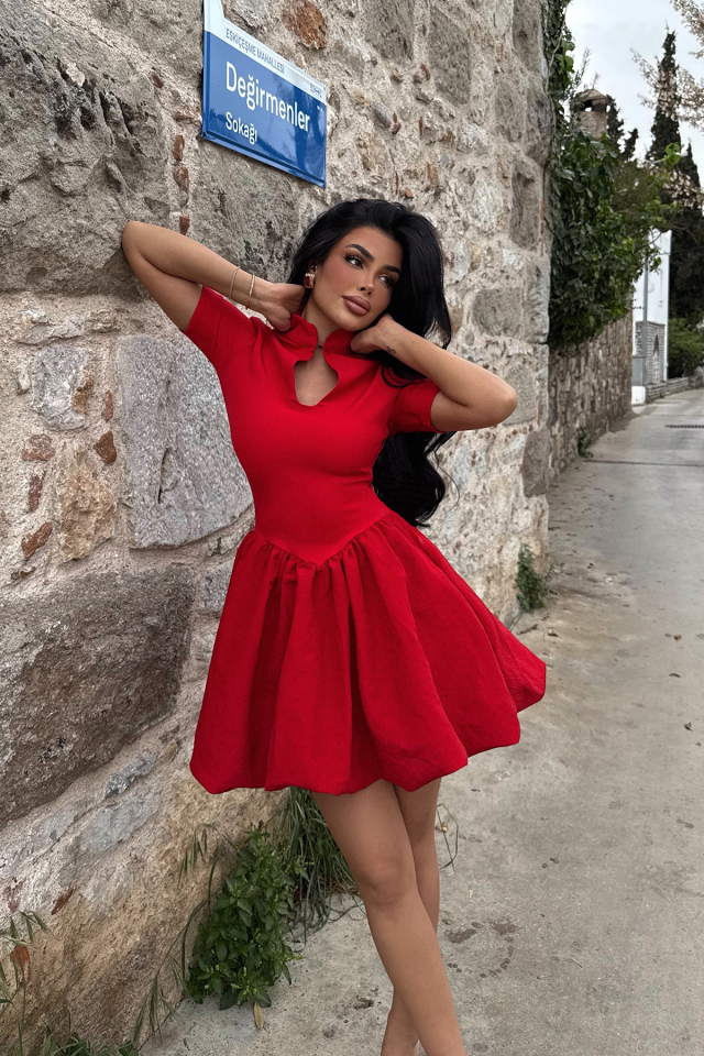 Kırmızı Pencere Detay Mini Elbise ATE-2310 - 5