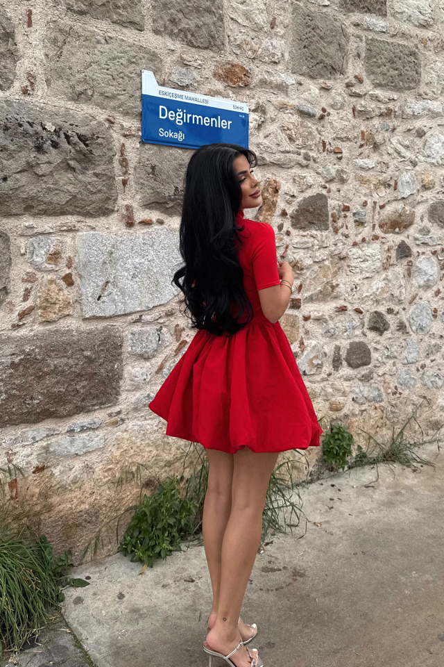 Kırmızı Pencere Detay Mini Elbise ATE-2310 - 6