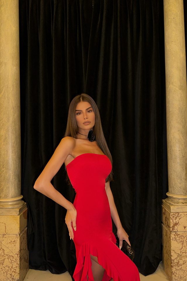 Kırmızı Straplez Derin Yırtmaçlı Elbise ATE7537 - 8