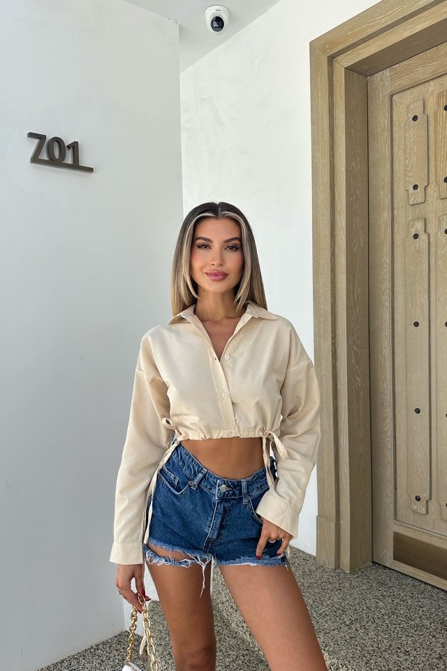 Krem Bağlamalı Crop Top ATE7707 - 4