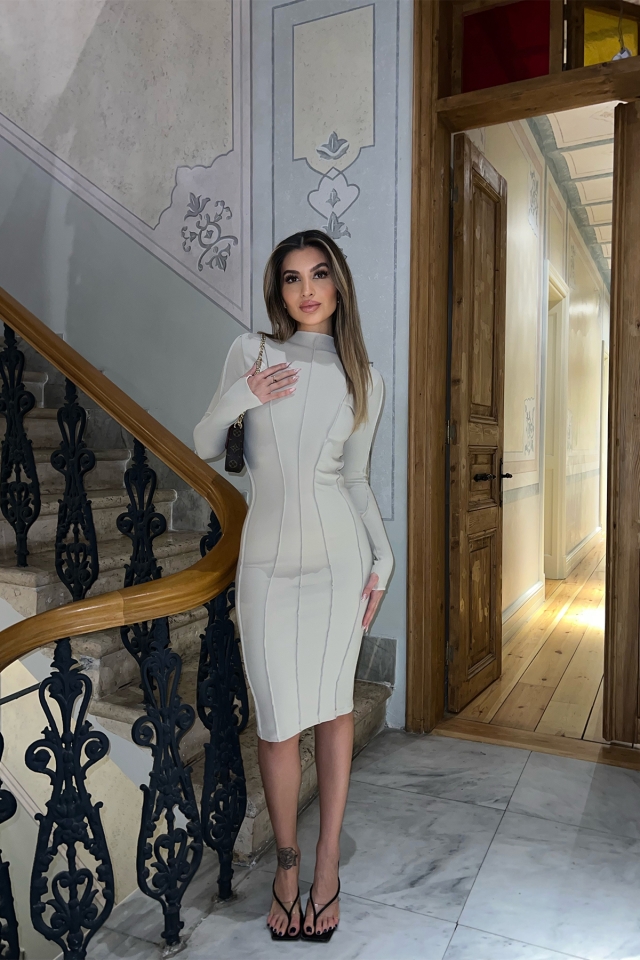 Krem Dikiş Detay Uzun Elbise ATE4134 - 3