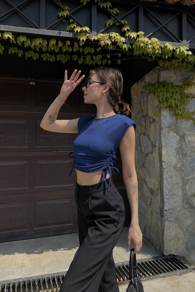 Lacivert Bağlamalı Crop Top ATE6522 - 3