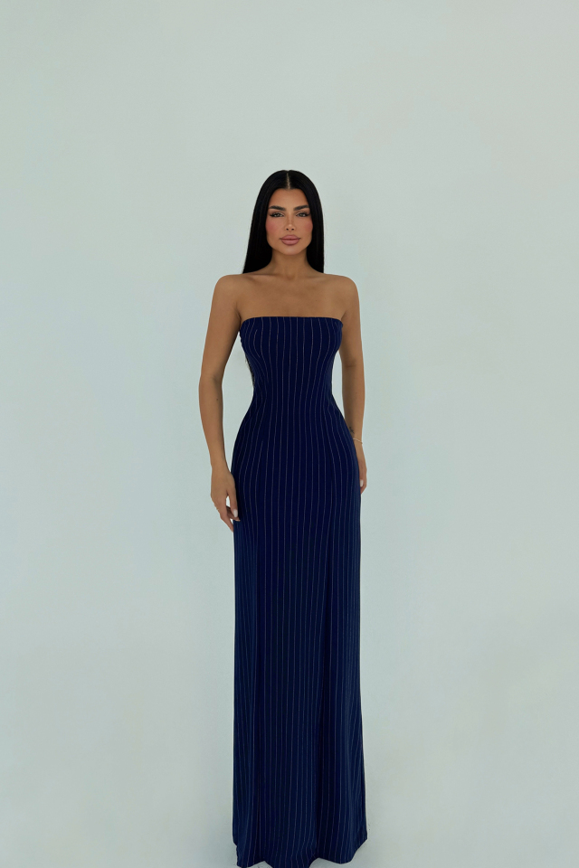 Lacivert Straplez Çizgili Elbise ATE-1245 