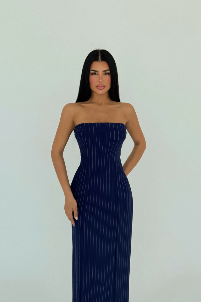 Lacivert Straplez Çizgili Elbise ATE-1245 - 2