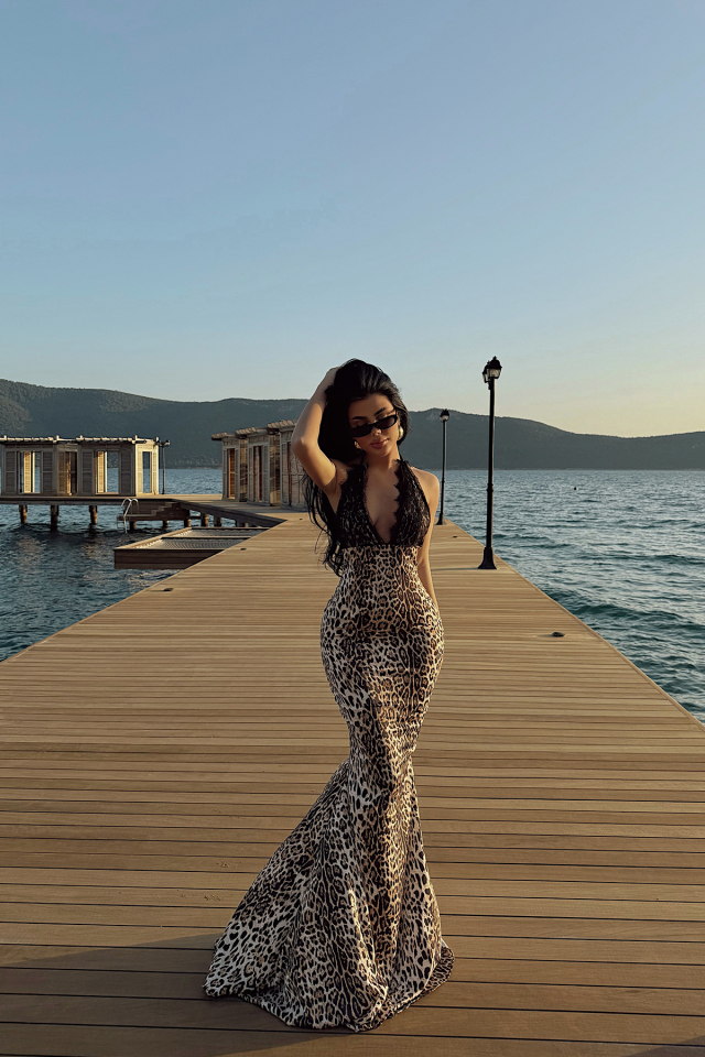 Leopar Luiperd Dantel Uzun Elbise ATE-2574 - 2