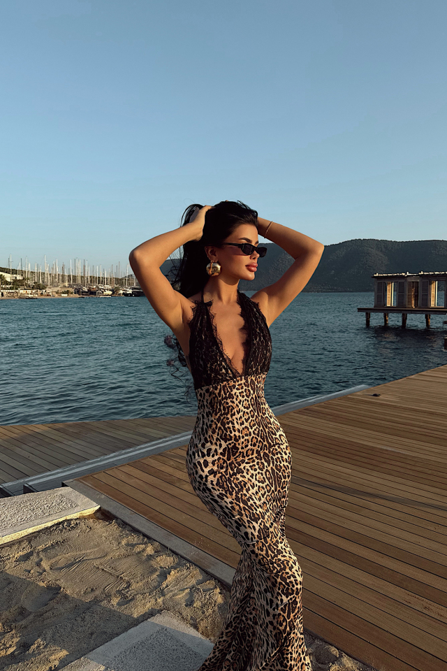 Leopar Luiperd Dantel Uzun Elbise ATE-2574 - 3