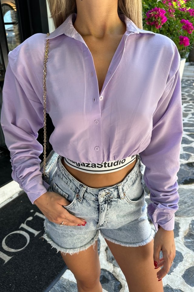 Lila Gömlek Yaka Yazılı Crop Top ATE7714 - 2