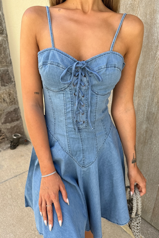 Mavi Bağlamalı Mini Elbise ATE7386 - 2