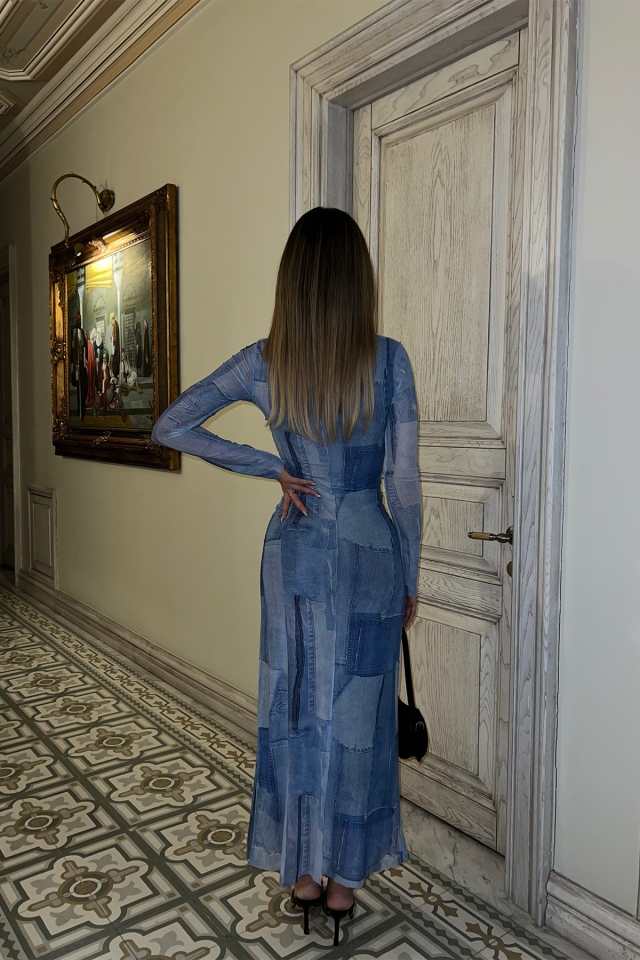 Mavi Batik Desen Uzun Elbise ATE4293 - 5