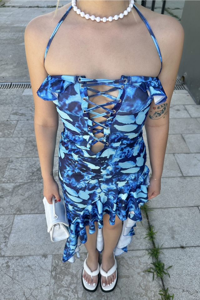 Mavi Derin Yırtmaçlı Önü Bağcıklı Elbise ATE7641 - 2