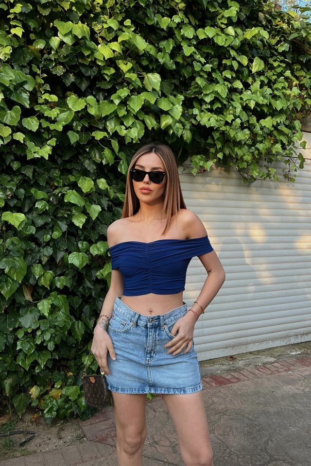 Mavi Düşük Kol Crop Top ATE6471 