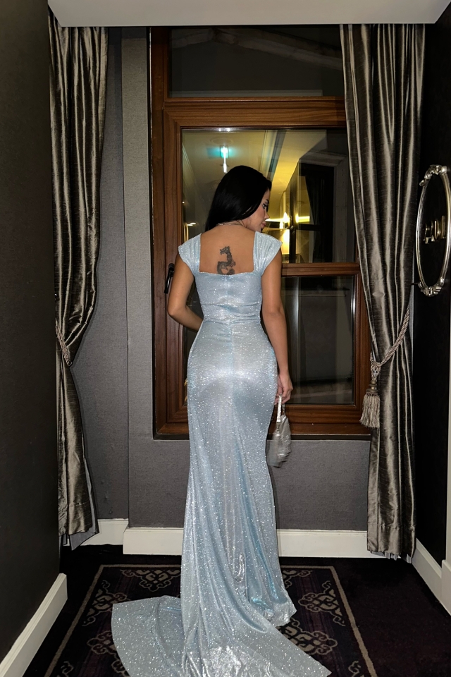 Mavi Simli Uzun Abiye Elbise ATE8208 - 5