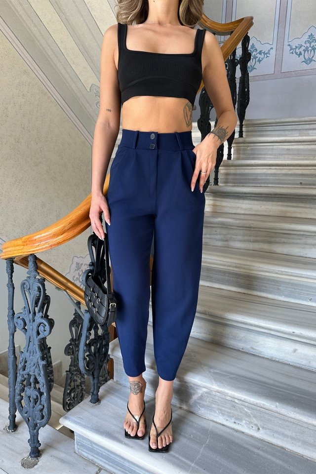 Navy Blue High Waist Mom Pants ATE6294 - 2