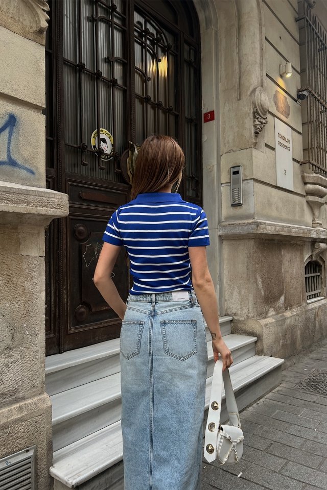 Navy Blue Shirt Collar Crop Top ATE6821 - 3