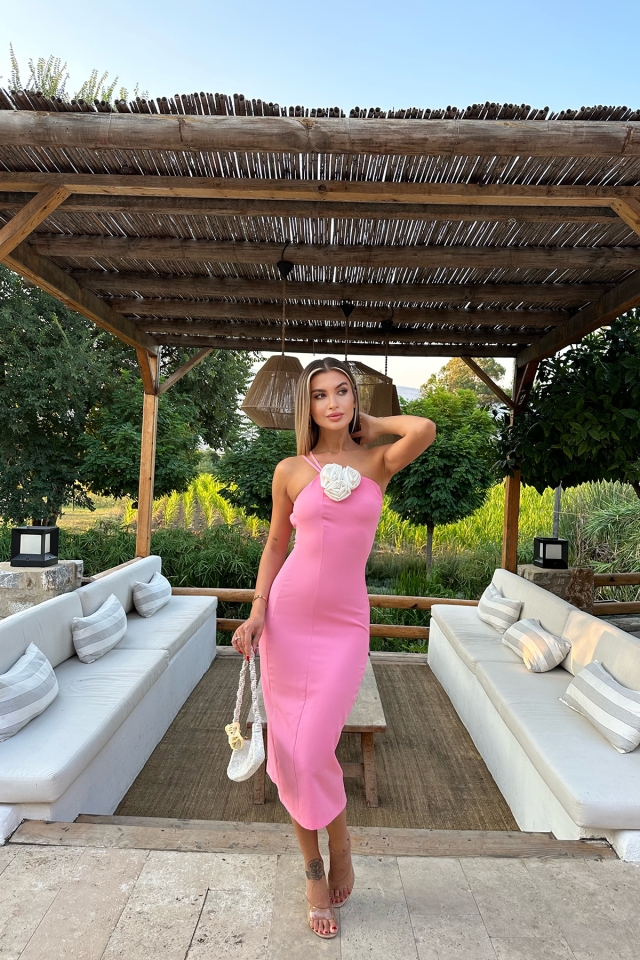 Pembe Yırtmaç Detay Elbise ATE8043 - 1