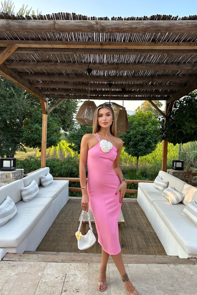 Pembe Yırtmaç Detay Elbise ATE8043 - 4