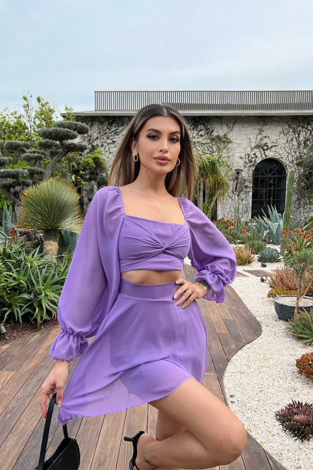 Purple Balloon Sleeve Belly Detail Dress ATE6191 