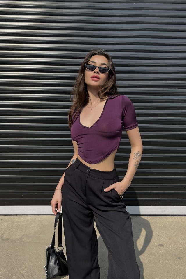 Purple Shirt Collar Crop Top ATE6480 - 3