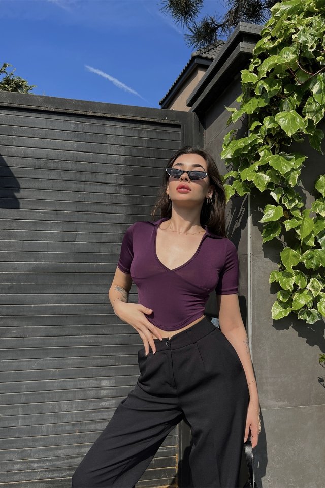 Purple Shirt Collar Crop Top ATE6480 - 4