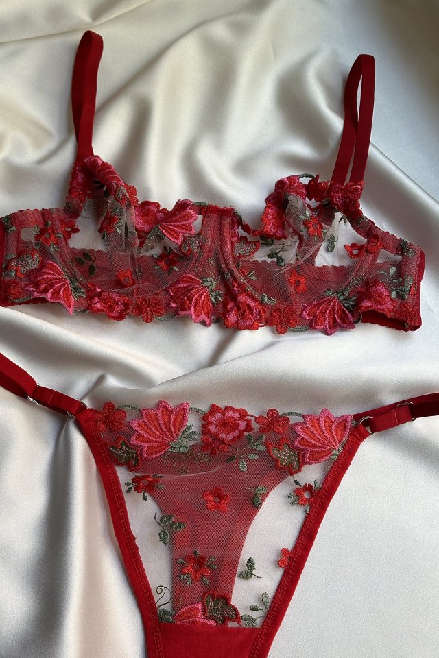 Red Flower Detail Tulle Lingerie ATE-1682 - 1